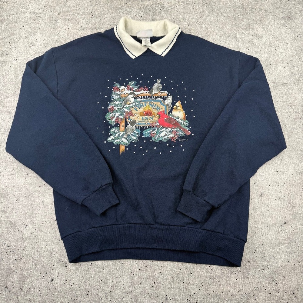 Vintage USA Morning Sun Collared Sweatshirt Navy Winter Birds Fireside Inn Large